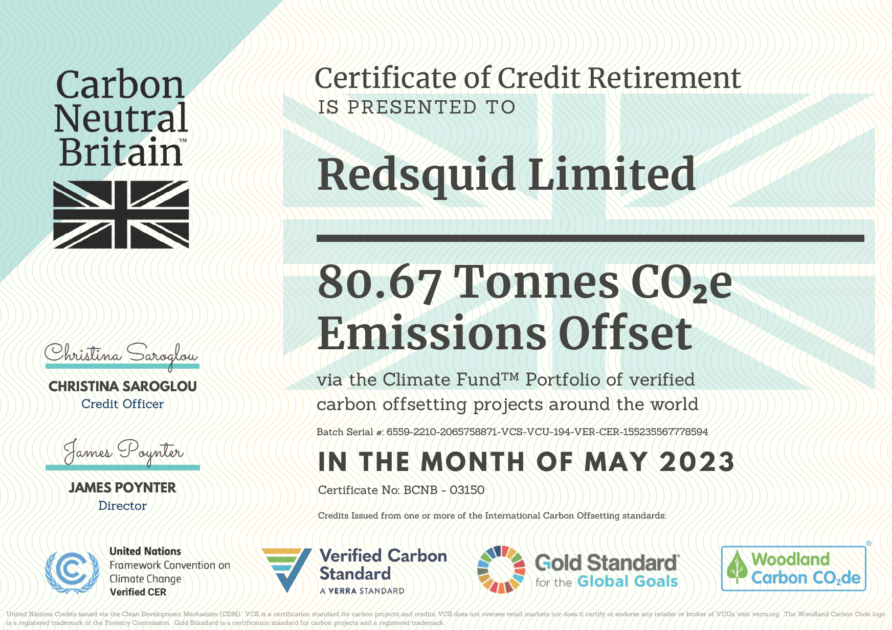 Redsquid Carbon Offset Certificate
