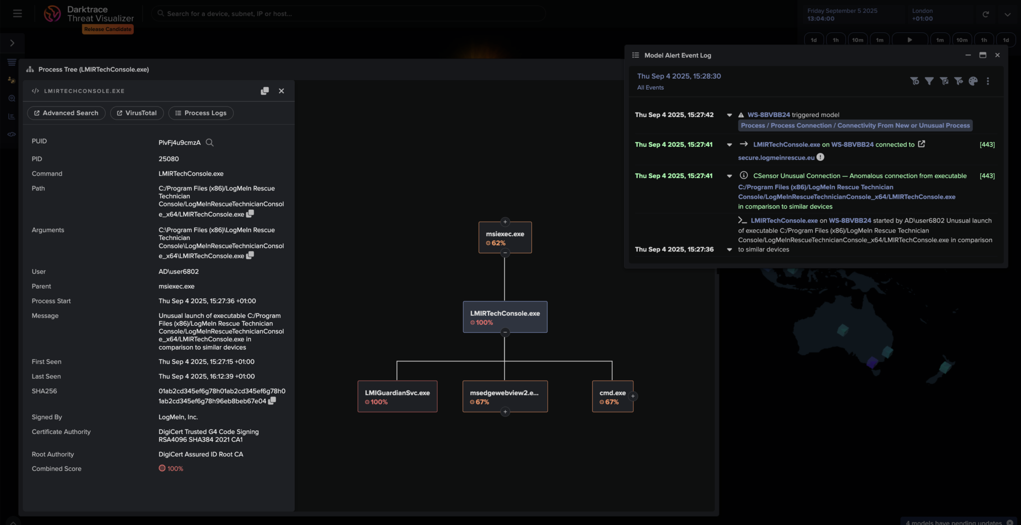 Figure 2: Process-Level Endpoint Visibility – Shows the new process-level telemetry available in Darktrace 7 investigations.